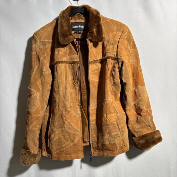 Vintage Brown Suede Patchwork Leather Jacket Fur Collar Penny Lane Zip Womens M - Picture 1 of 11